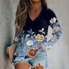 Женская модная свободная футболка с V-образным вырезом и длинным рукавом с винтажным цветочным принтом, повседневный топ