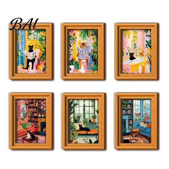 Decorative Frames for Office Whiteboards Cute Cat Magnetic Fridge Magnet, Vintage Wooden Picture Frame, Fun Photo Display Small Pictures Scene