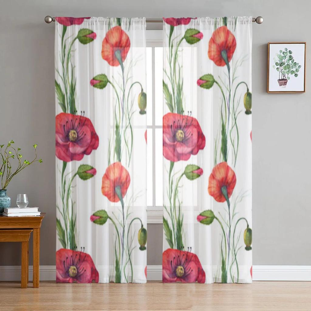 Poppies White Background Tulle Curtain For Living Room Sheer Valance Curtain For Kitchen Bedroom Window Drapes