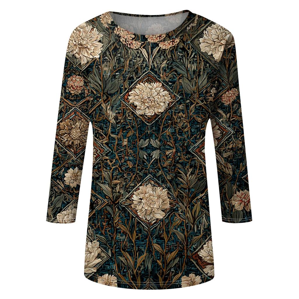 Модный винтажный топ с рукавом три четверти для женщин, женская повседневная блузка-футболка с круглым вырезом и принтом