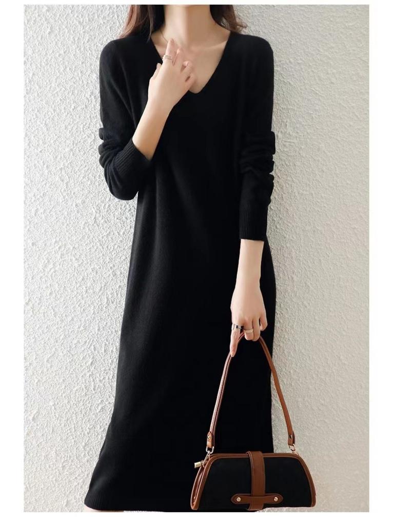 Autumn and Winter V-neck Knit Dress Women's Loose-fit High-end Feel Undercoat Long Dress French Style Coat for Ladies