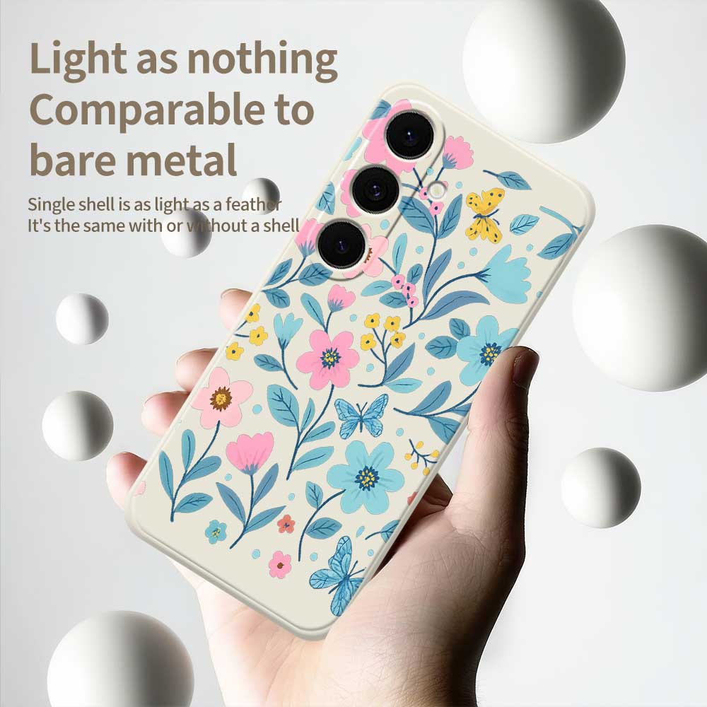 For Samsung Galaxy S25 FE Case Blue Pink Flowers Pattern Printing Straight Edge TPU Phone Back Cover