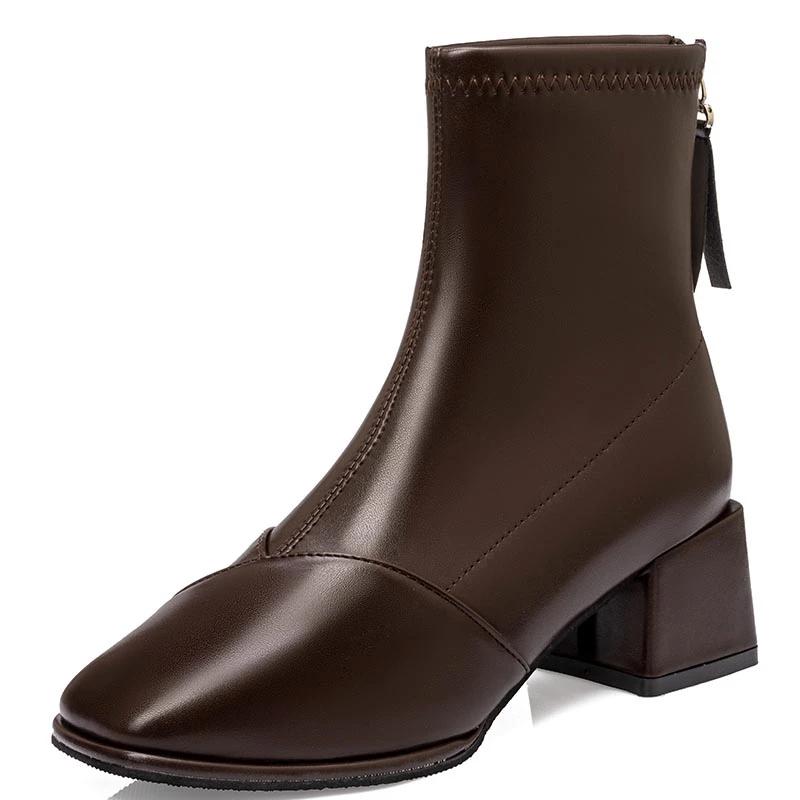 Зимние женские сапоги 2024 года, модные, высокого качества, с квадратным носком, однотонные, короткие, на толстом каблуке, на молнии, женские модные сапоги