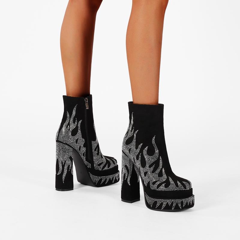 Fashion Kaky's New High-heeled Round Head Waterproof Platform Thick Bottom Large Size Rhinestone Women's Boots Short Boots Fashion Boots