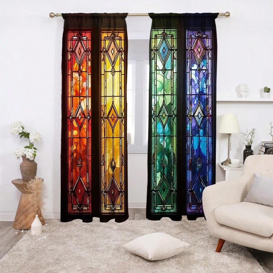 2Pcs 2D Retro Colorful Flat Curta - Blackout Polyester Fabric Curta, Bright Floral & Geometric Pattern Curta