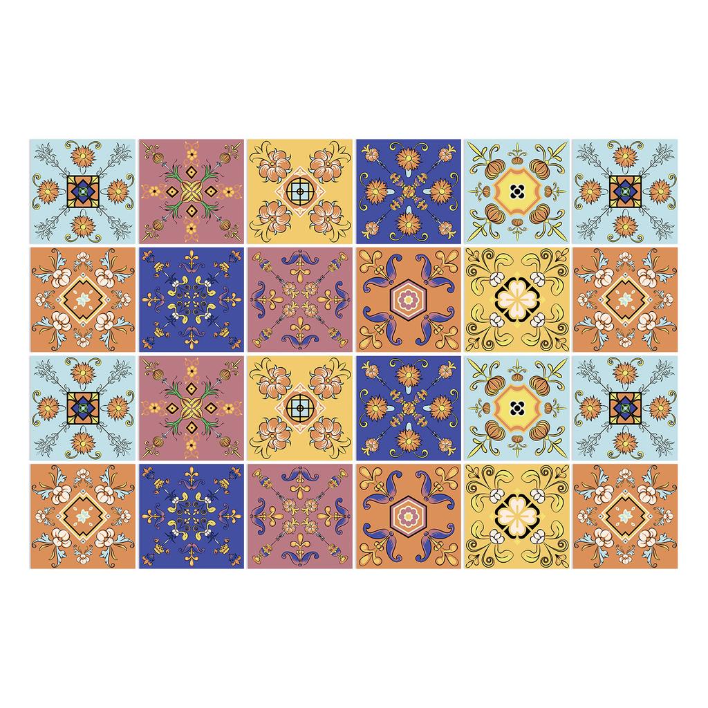 15Cm Art Tile Wall Sticker Self-Adhesive Creative Mandala Style Tile Sticker Glue-Free Waterproof 24 Pieces