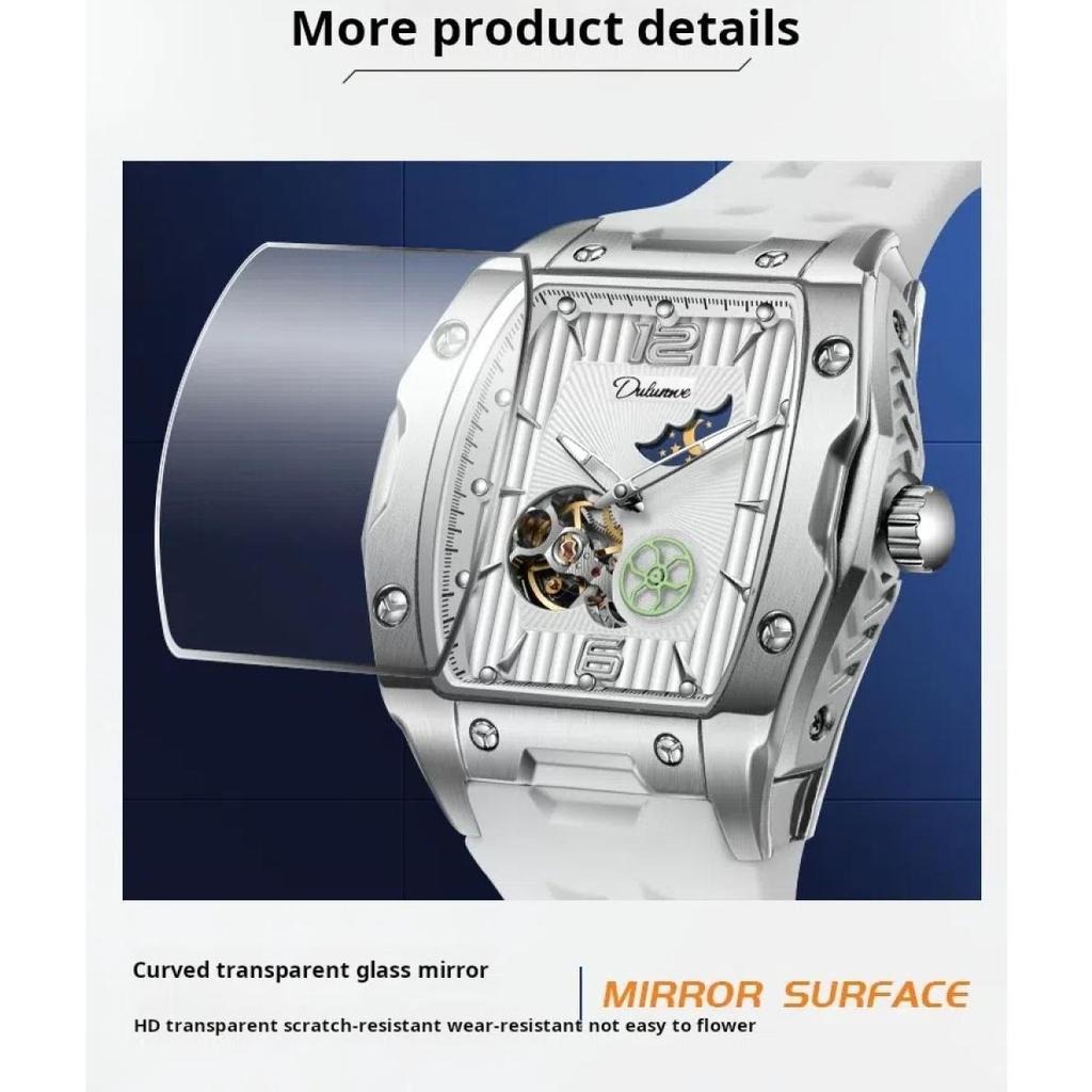 Dulunwe Мужские спортивные часы Tonneau Tourbillon с автоматическим механическим механизмом и фазами Луны, резиновый ремешок, светящиеся наручные часы