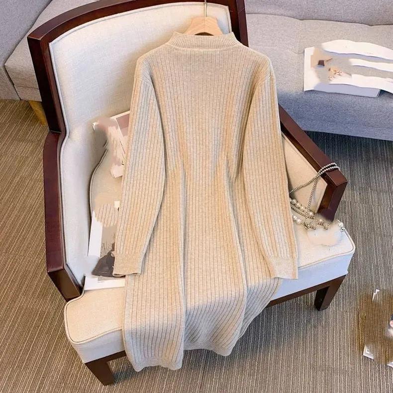 Autumn and Winter Women's Plus Size Hollow V-neck French Trend Solid Color Sweater Skirt Dress