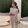 Tassel Sequin Women 2Piece Sets Silver Bright Silk O-neck Crop Tops Wide Leg Pants Female Pant Suits Fashion Street Lady Set Legant Party Sexy Outfits