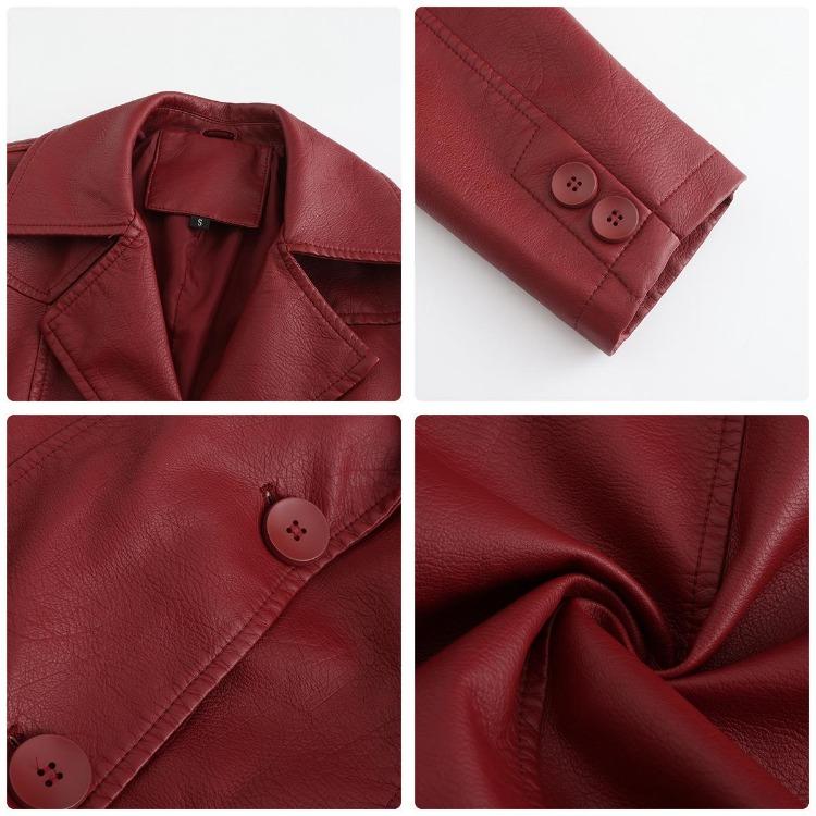 Fashion Women Slim Fit Pu Leather Jacket Long Sleeve Lapel Collar Zipper Outerwear for Fall Winter