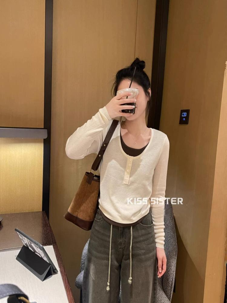 Korean Style Slimming Two-Piece Color Block Knit Pullover for Women