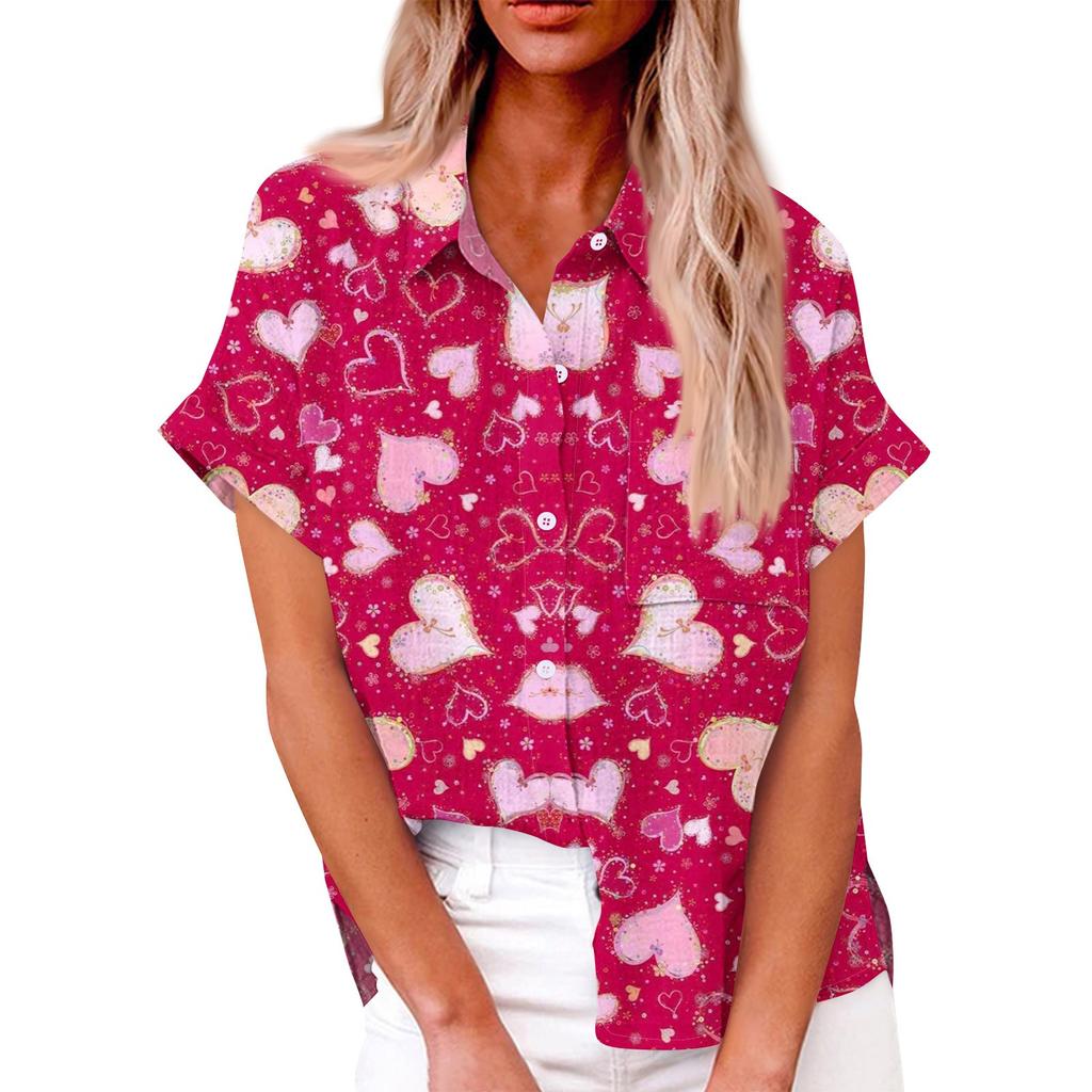 Женская свободная повседневная рубашка с короткими рукавами и отворотом с цифровым принтом и карманом
