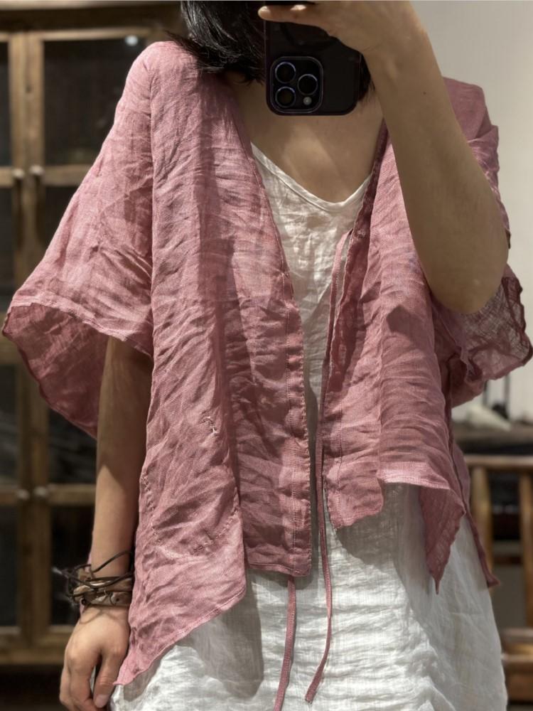 Johnature Женские винтажные льняные летние рубашки, сплошной цвет с поясом, топы в китайском стиле, блузки с короткими рукавами и v-образным вырезом, свободная рубашка