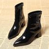 Brown Boots Women Round Toe Block Low Heel Chelsea Boots Black Slip On Patent Leather Ankle Boots Comfortable Non-slip Shoes