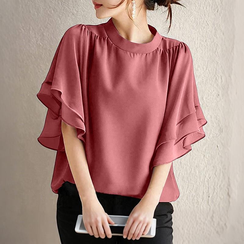 ZANZEA Women Casual Round Neck Loose Summer Ruffles Short Sleeve Blouse