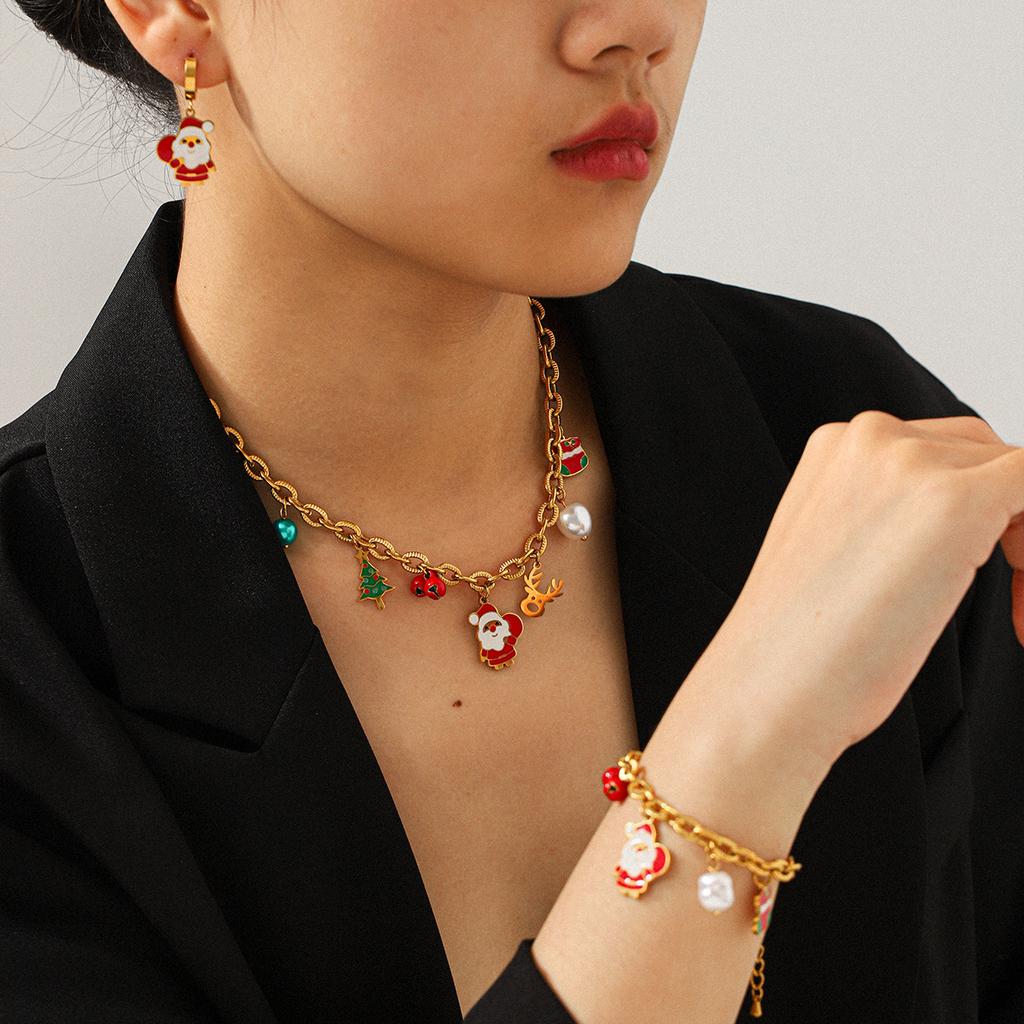 Christmas Series Jewelry Necklace Drip Oil Christmas Earrings Christmas Tree Bell Reindeer Pendant Titanium Steel Bracelet