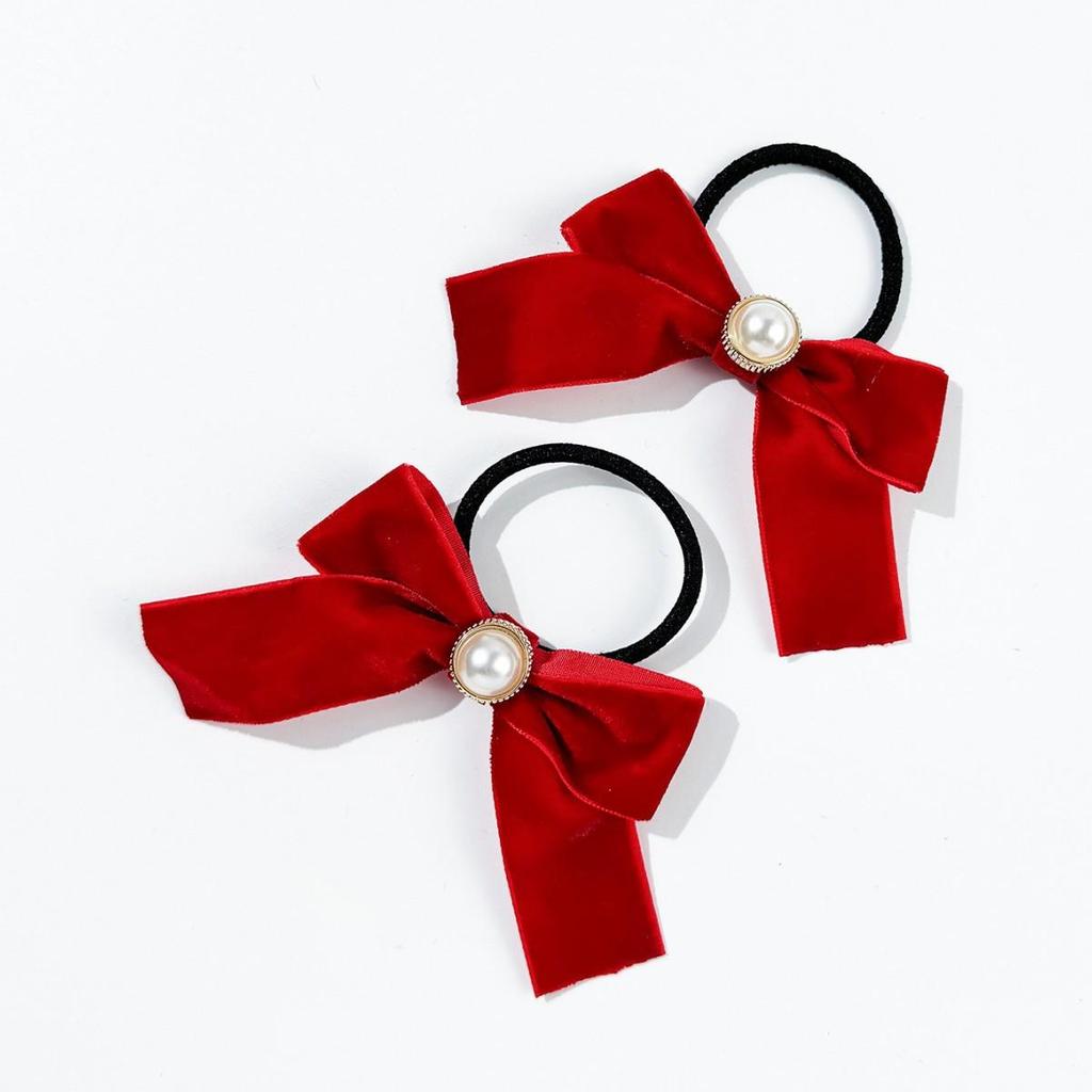 South Korea Pearl Velvet Bow Hair Tie - Sweet Retro Double Ponytail Accessory