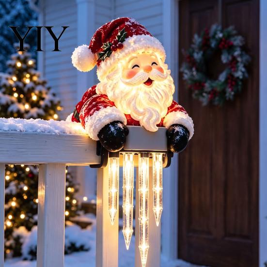 Festive Patio Railing Accents Winter Snowman Icicle Light, Christmas Penguin Santa Warm Home Atmosphere Glow LED Holiday Ornament for Porch,
