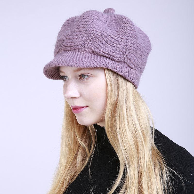 New Autumn and Winter Solid Color Plus Velvet Fashion Warm Ladies Cap Knitted Soft Rabbit Wool Beret