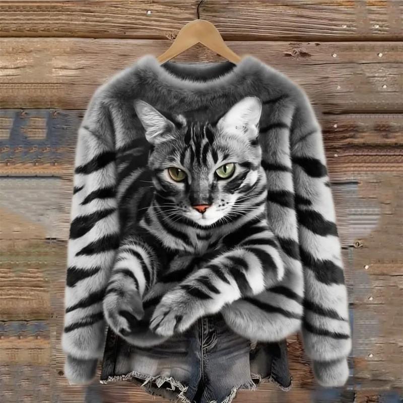 Womens Crew Neck Fleece Sweatshirt With 3D Digital Print Tiger Cat Soft Plush Warm Oversized Hoodie