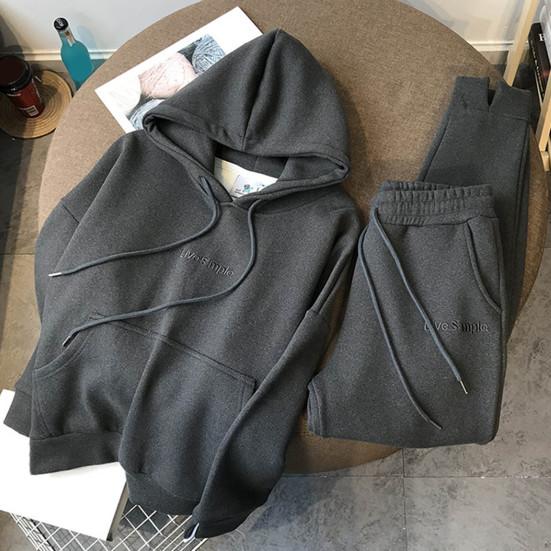 2 шт./компл. с длинными рукавами и вышивкой на шнурке, с буквенным принтом, эластичной резинкой на талии, карманами на флисовой подкладке, повседневная одежда, женская зимняя однотонная одежда