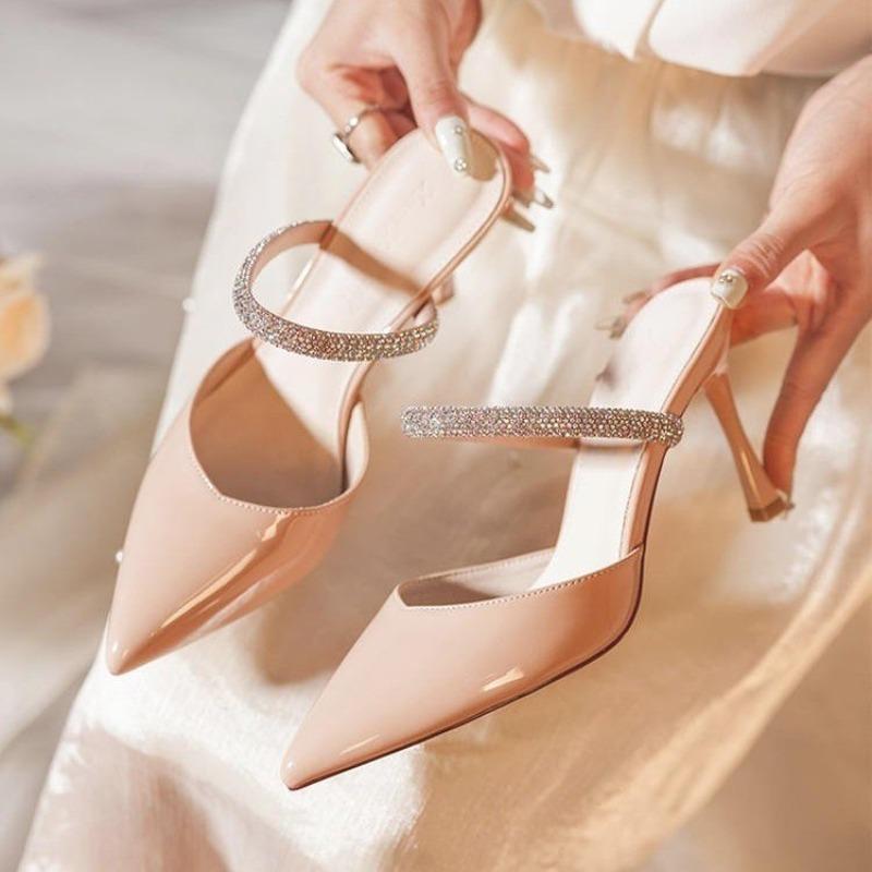 2024 Летние женские тапочки, хит продаж, украшение из стразов, модные французские тапочки с острым носком, женские туфли на высоком каблуке