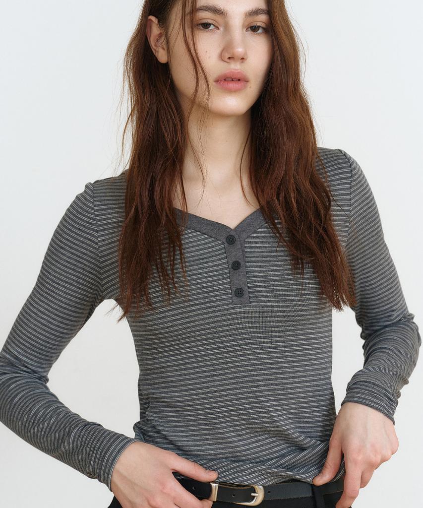 MAKE A TOAST Striped Button Long Sleeve T-Shirt (Gray) Mbfsto002Gr