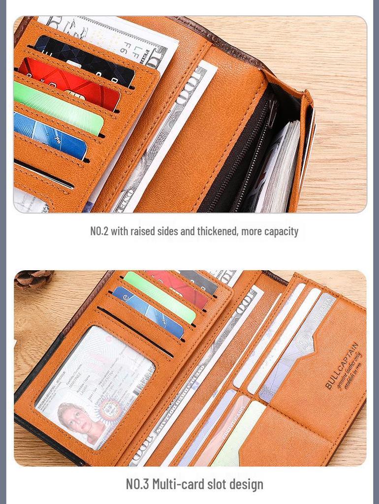 Cow Captain Мужской ретро длинный кошелек-бифолд из натуральной кожи - Масло-воск, Большая вместимость, Отделение для монет