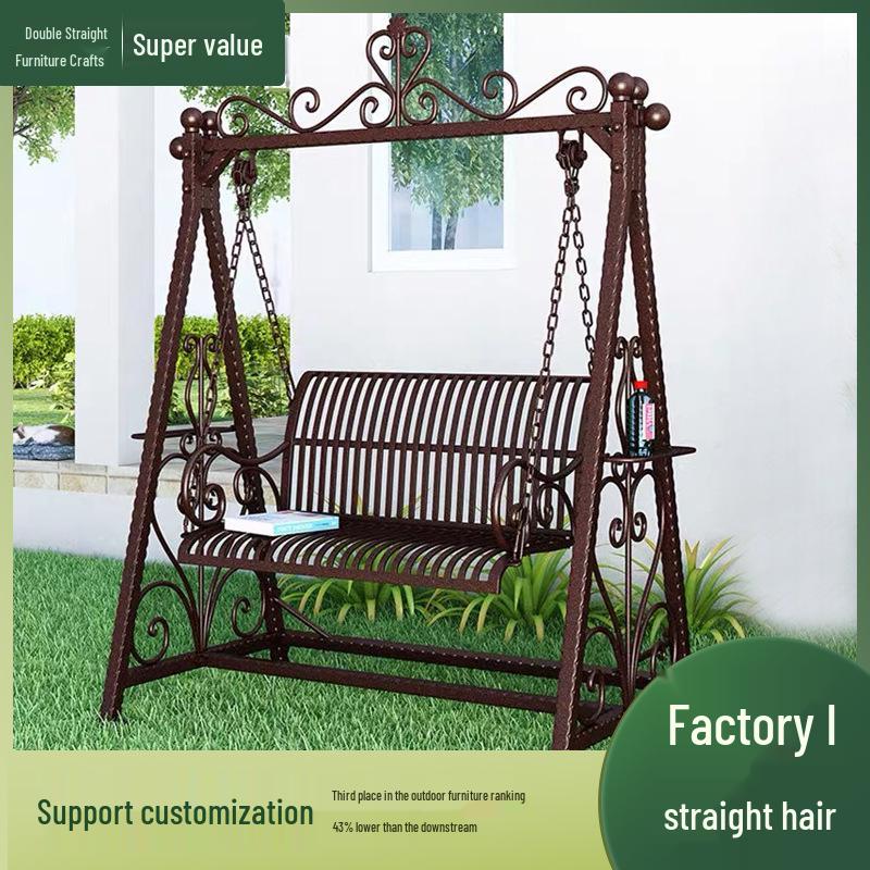 Double Outdoor/Indoor Rocking Swing Chair with Wrought Iron Frame and Hanging Basket for Balcony or Courtyard.