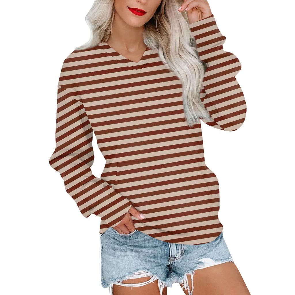 Женская повседневная модная полосатая толстовка с V-образным вырезом и длинным рукавом, легкая толстовка с карманами