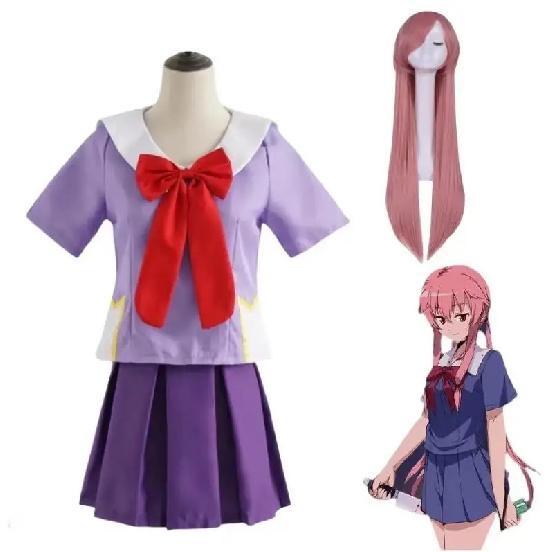 Gasai Yuno Косплей Аниме Дневник будущего Gasai Yuno Mirai Nikki Косплей Костюм Школьная форма Бант Короткая юбка Парик Костюмы на Хэллоуин