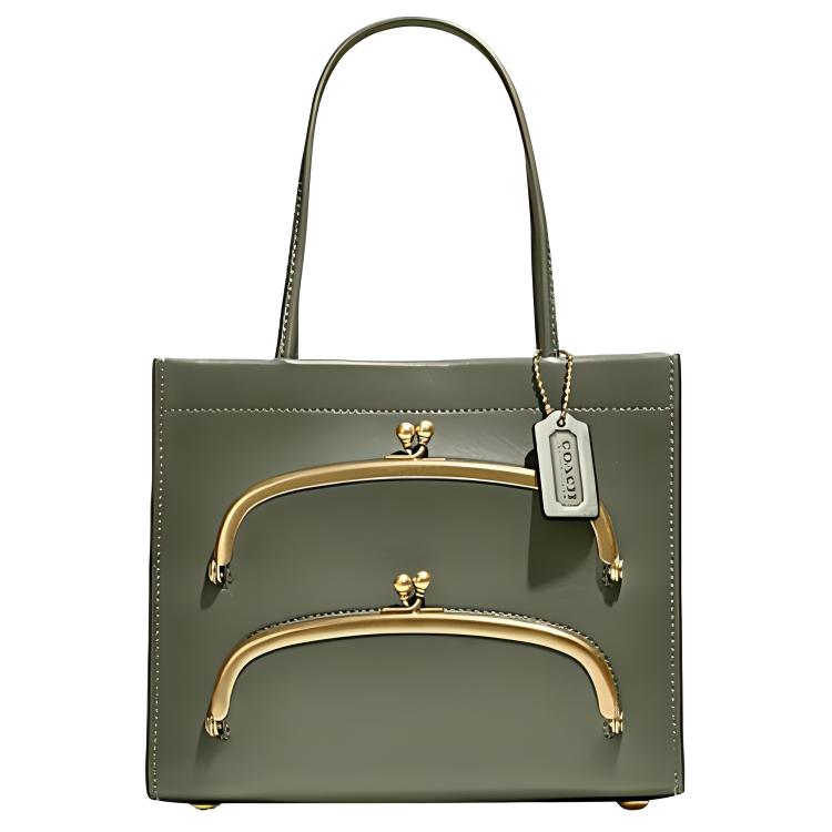 Coach Green Leather Double Kisslock Tote Handbag with Vintage Gold Hardware for Daily Use