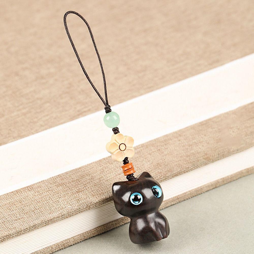 Chinese Style Pendant Mobile Phone Ring Sandalwood Key Chain Lucky Cat Pendant Key Chain Strap