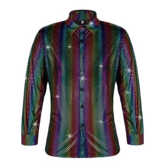 Мужская рубашка для выступлений с блестящей поверхностью и отложным воротником, однобортная рубашка с длинными рукавами и пуговицами, атласная рубашка для клубной вечеринки, дискотека, сценическое шоу