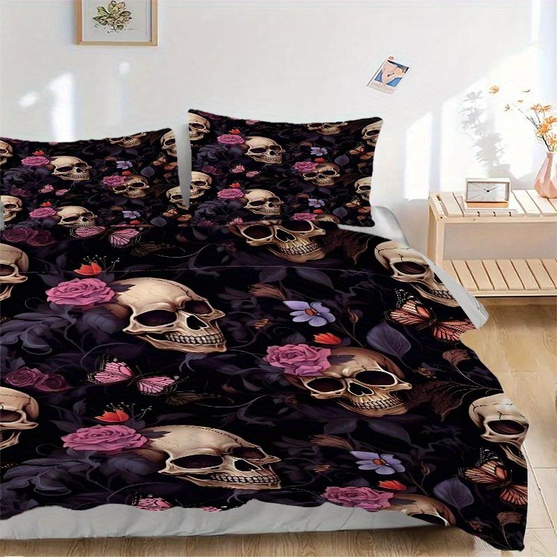 3pcs Skull Floral Pattern Bedding Set, Ideal for Home Use, Suitable for Bedroom Decor (1*Duvet Cover + 1/2*Pillowcases, No Core) yy250821189