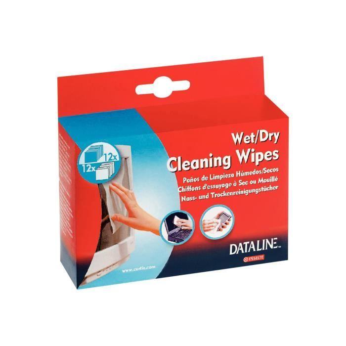 Chiffons de nettoyage - ESSELTE - Dataline - 12 lingettes humidifiées - 12 lingettes sèches - Blanc