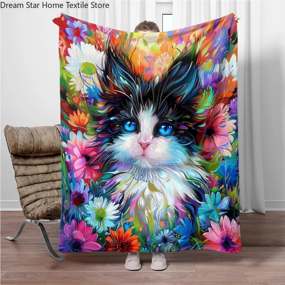 8 Size Colorful Cat Flannel Throw Blanket,Soft Throw Blanket for Home Bedroom Bed Sofa Picnic Travel Office Cover Child Gift