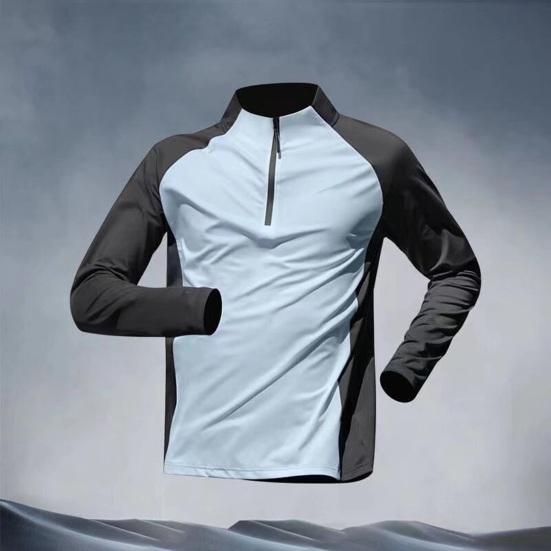 Men Summer Sports T-shirt Half Zipper Stand Collar Contrast Color Long Sleeves Loose Casual Soft Breathable Mid Length Men Daily Running Fitness Shirt