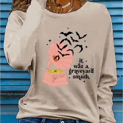 Топы для женщин с принтом летучей мыши и фонографа, с круглым вырезом и длинным рукавом, футболка, осенний повседневный тонкий пуловер, женский топ с длинным рукавом