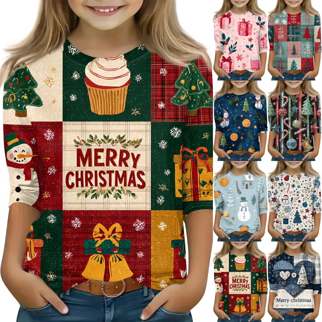 Children's 3/4 Sleeve Round Neck Top Christmas Tree Printed Everyday Casual Top