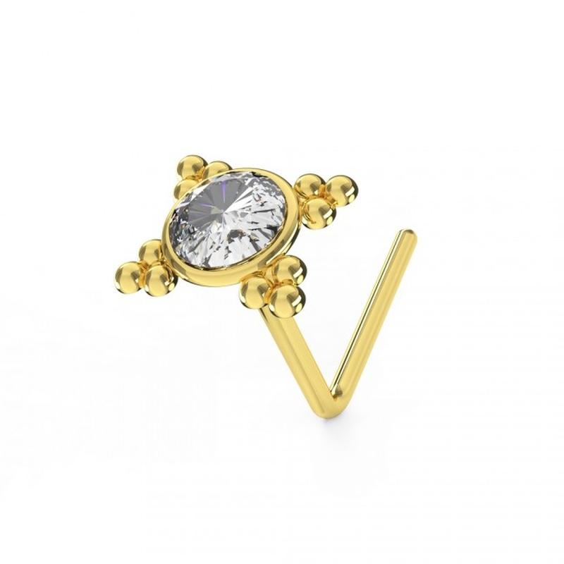 KODY PIERCING Носовая шпилька L-образной формы из 9-каратного золота с драгоценными камнями и этническими точками - качественный пирсинг