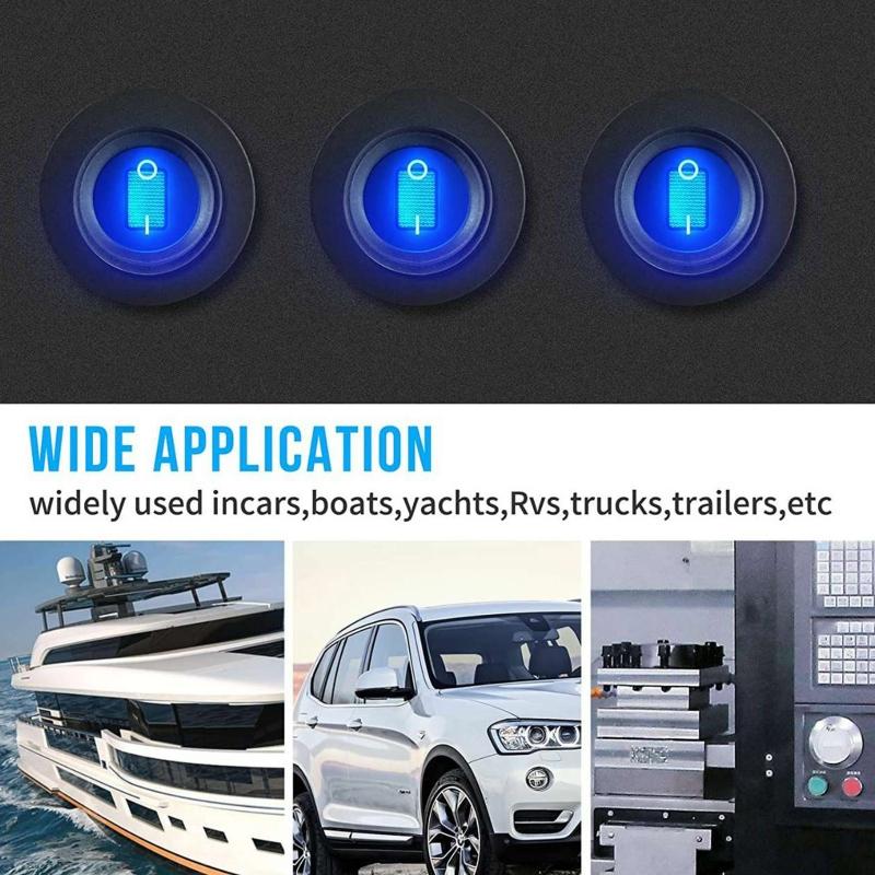12V 20A Waterproof Rocker Switch Blue LED Lighted Round ON Off 3 Pin 12 Volt Weatherproof for Marine Car RV Truck Pushbutton Switches 3