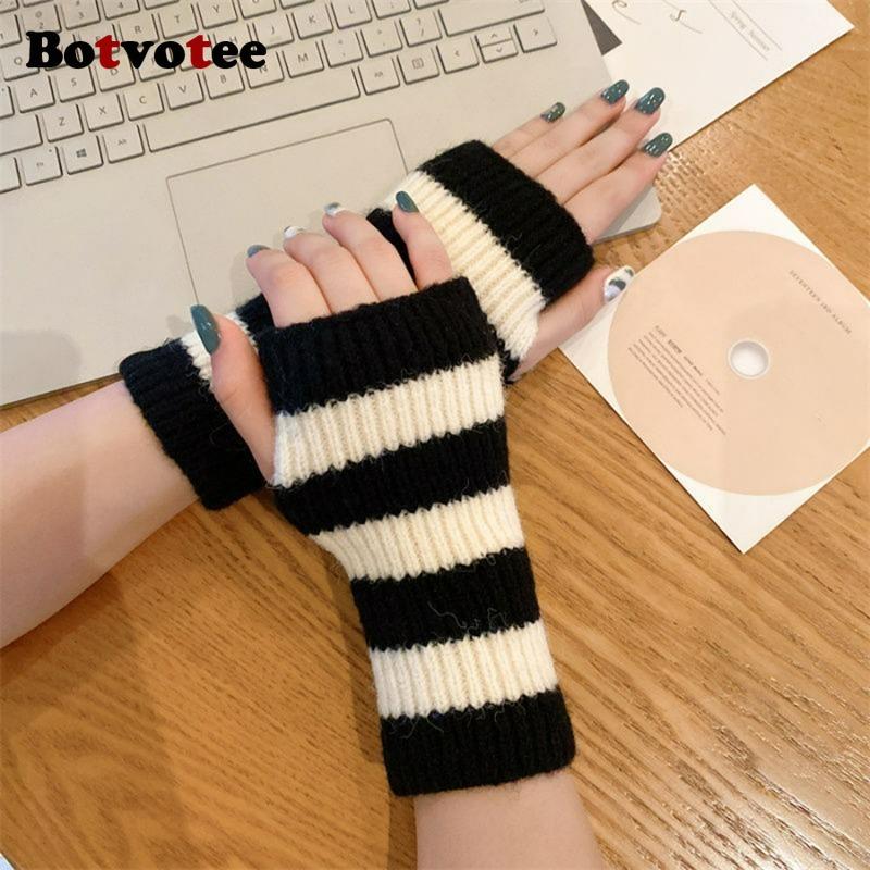 Botvotee Полосатые рукава для рук для женщин Y2k аксессуары Холодостойкие Теплые Зимние Вязаные Митенки Бесплатная доставка