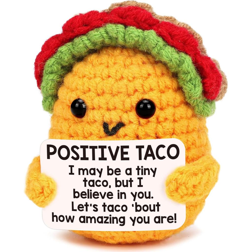 Crochet Inspirational Positive Support Taco Doll With Crad Home Room Decoration Funny Handmade Knitted Taco Desktop Ornament