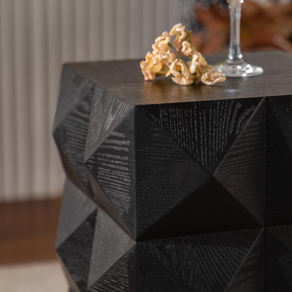 60CM Height Three-dimensional Embossed Pattern Design Retro Side Table Retro Wooden Nightstand Black,No Assembly Required