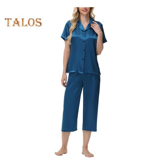 2 шт./комплект пижамы Ice Silk, рубашка с длинным рукавом и застежкой на пуговицы, эластичный пояс, широкие укороченные брюки, домашняя одежда, повседневный наряд, весенняя одежда для сна