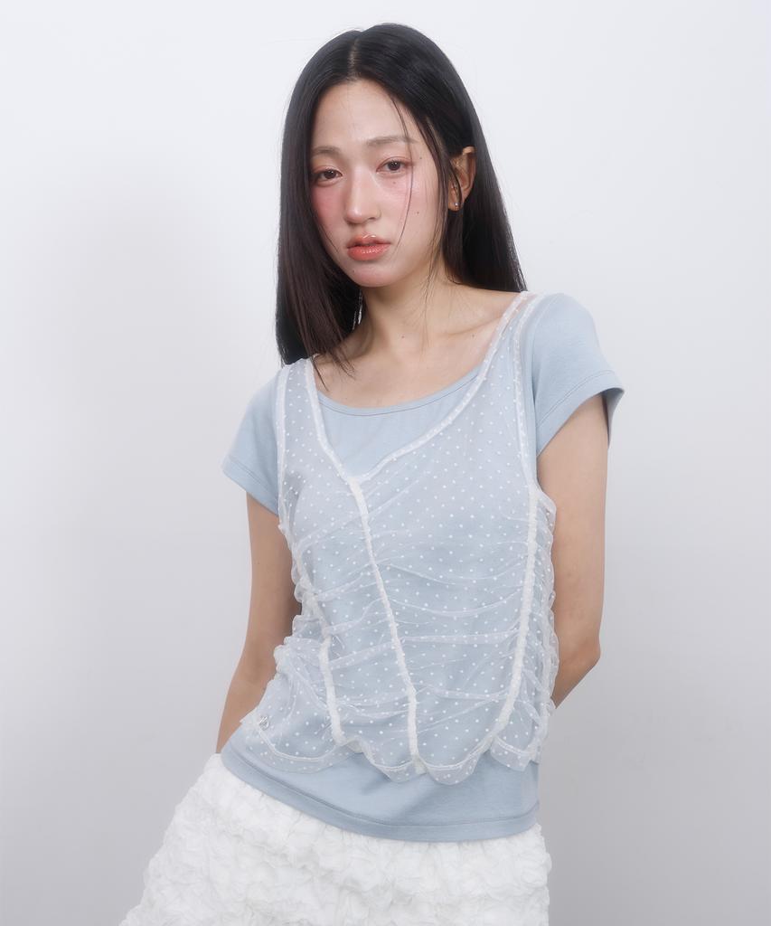 LMR Two-Way Lace Shirred Layered Short Sleeve T-Shirt Sky Blue / White