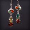 Vintage Copper Color Round Green Red Stone Carving Dangle Earrings for Women Jewelry