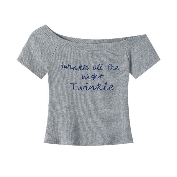 Modal cotton babes slanted shoulder letter print short-sleeved T-shirt women's summer sexy slim temperament short top