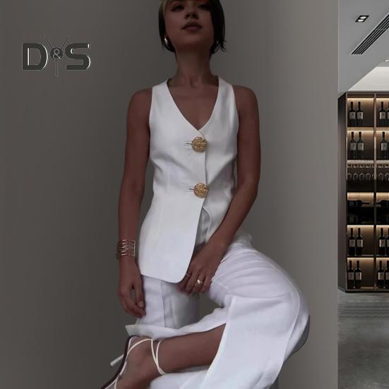 2 Pcs/Set Women Suit Vest Pants Set V Neck Double Button Closure Sleeveless Waistcoat High Waist Solid Color Pants OL Commute Business Outfit